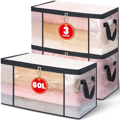 NEWSONA 3 Stück Aufbewahrungstaschen Transparent 60L – Faltbare Kleiderboxen für Schrank oder unter das Bett – Organizer für Kleidung, Decken und Haushalt NEWSONA 3 Stück Aufbewahrungstaschen Transparent 60L – Faltbare Kleiderboxen für Schrank oder unter das Bett – Organizer für Kleidung, Decken und Haushalt von NEWSONA