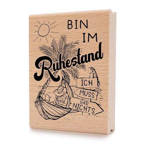NEWSTAMPS Stempel Bin im Ruhestand Motivstempel aus Holz & Gummi zum Karten und Geschenke basteln, Holzstempel für Sprüche, Spruchstempel, Textstempel, Tischdeko, Rente, Scrapbook, Textilstempel, Deko von NEWSTAMPS DIE STEMPELMACHER
