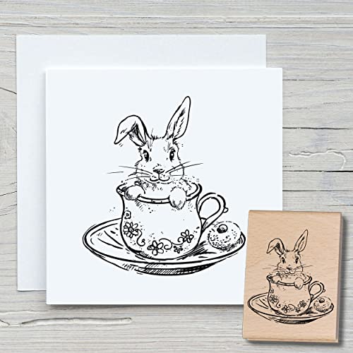 NEWSTAMPS Stempel Hase in der Tasse Motivstempel groß aus Holz & Gummi zum Karten basteln, Holzstempel, Ostern, Osterkarte, Osterhase, Scrapbook, Textilstempel, Deko, Kinder von NEWSTAMPS DIE STEMPELMACHER