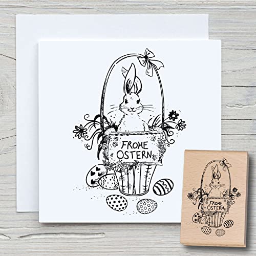 NEWSTAMPS Stempel Frohe Ostern Hasenkorb Motivstempel groß aus Holz & Gummi zum Karten und Geschenke basteln, Holzstempel für Ostern, Osterhase, Scrapbook, Textilstempel, Deko, Kinder von NEWSTAMPS DIE STEMPELMACHER