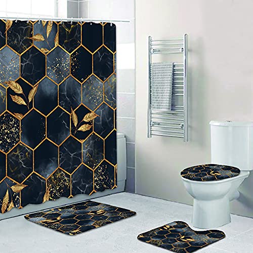 NEWSUYAA 4 Stück Marmor Duschvorhänge Set mit Teppichen, Toilettendeckel Abdeckung Badematte, Blau Silber Geometrische Vorhänge mit 12 Haken Zubehör, Ombre Stoff Tuch Badezimmer Dekor Sets (Blue) von NEWSUYAA