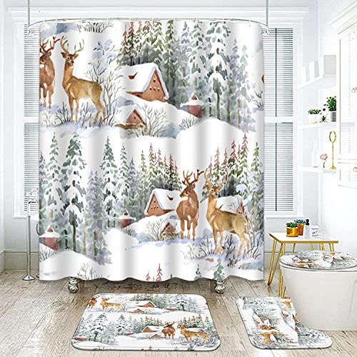 4-teiliges Weihnachts-Badezimmer-Dekorationsset, WC-Sitzbezug, Duschvorhang-Set, Weihnachtsmotiv, Schneemann, Baum, Zwerg, rustikale Wanne, Zimmerdekoration (N1) von NEWSUYAA