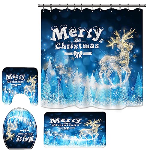 4-teiliges Weihnachts-Badezimmer-Dekorationsset, WC-Sitzbezug, Duschvorhang-Set, Weihnachtsmotiv, Schneemann, Baum, Zwerg, rustikale Wanne, Zimmerdekoration (N17) von NEWSUYAA