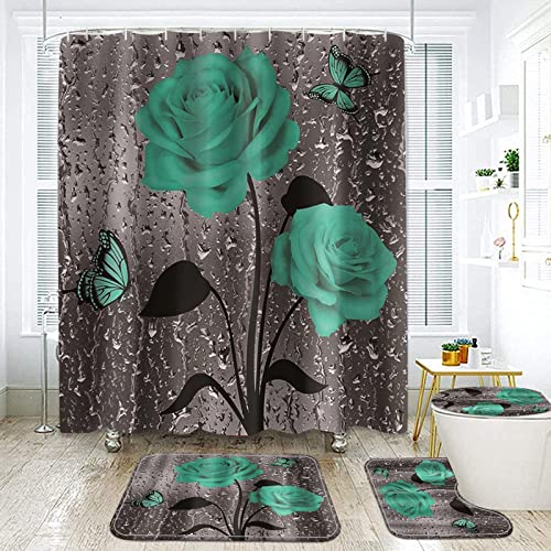 NEWSUYAA 4-teiliges Duschvorhang-Set mit Badteppichen, rustikale blaue Rose, Blume, Schmetterling, Badewannenzubehör-Set, Teppich, U-förmige Matte und WC-Deckelbezug, florales Raumdekor (grün) von NEWSUYAA