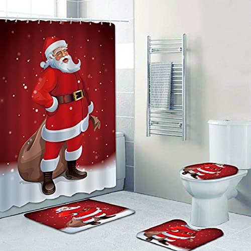 Weihnachts-Duschvorhang für Badezimmer, 4 Stück, Weihnachtsmann, Elch, Schneemann, Baddekoration mit Haken, 183 x 183 cm (Weihnachtsmann) von NEWSUYAA