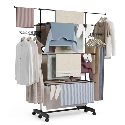 NEWLUX- Wäscheständer ausziehbar Fold Care V60 XXL Schwarz mit Rollen, 5 Doppelebenen und 18–21 m Wäscheleine. Clothes Drying Rack mit Halterung für Kleiderbügel und 1,5 m Lange Kleidungsstücke von NEWTECK