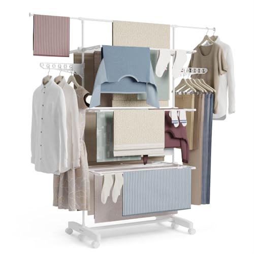 NEWLUX- Wäscheständer ausziehbar Fold Care V60 XXL Weiße mit Rollen, 5 Doppelebenen und 18–21 m Wäscheleine. Clothes Drying Rack mit Halterung für Kleiderbügel und 1,5 m Lange Kleidungsstücke von NEWTECK