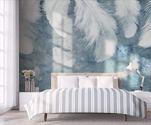 Tapete 3D Wandbild Einfache Blaue Wasserfarbige Weiße Federn Fototapete 3D Effekt Vliestapete Wohnzimmer Schlafzimmer Wanddeko 400cmX250cm von NEWWALLMURAL