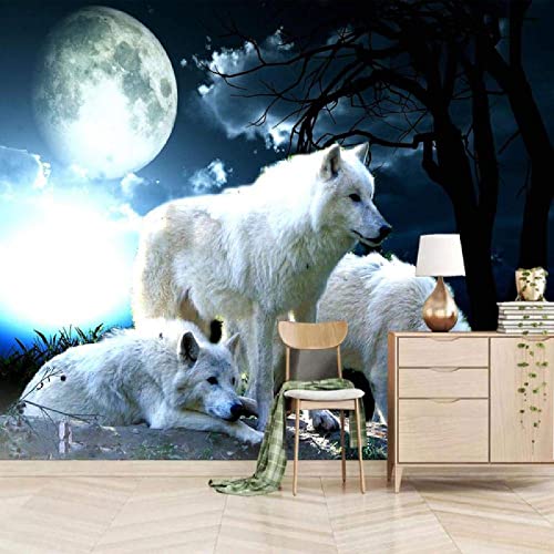 Tapete 3D Wandbild Nachthimmel Weißer Wolf Fototapete 3D Effekt Vliestapete Wohnzimmer Schlafzimmer Wanddeko von NEWWALLMURAL