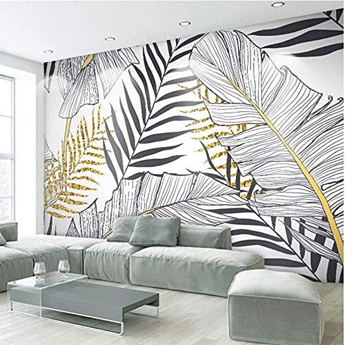 Tapete 3D Wandbild Nordische Schwarze Und Weiße Goldene Blätter Einfach Fototapete 3D Effekt Vliestapete Wohnzimmer Schlafzimmer Wanddeko 400cmX250cm von NEWWALLMURAL