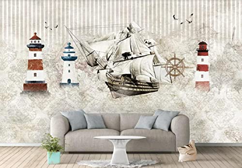 Tapete 3D Wandbild Vintage Segelschiff Leuchtturm Anker Fototapete 3D Effekt Vliestapete Wohnzimmer Schlafzimmer Wanddeko von NEWWALLMURAL