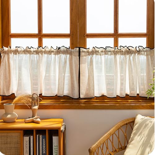 NEXOPKSVCR Küchengardinen 120 Breit Scheibengardinen 60 cm Hoch Leinen Voile Bistrogardinen Küche Kurz Flachs Halbtransparent Lichtfilterung Gardinenschal Für Wohnzimmer Landhaus(W250 xL45CM) von NEXOPKSVCR