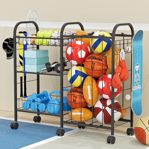Ballaufbewahrungsregal Sportball-Aufbewahrungswagen Mit 6 RäDern, Gummiband, Abnehmbarem Korb, Haken, Aufbewahrungsregal FüR SportgeräTe FüR Garage, Kinderzimmer, Innenhof, Schule, Drinnen Und DraußEn Ballaufbewahrungsregal Sportball-Aufbewahrungswagen Mit 6 RäDern, Gummiband, Abnehmbarem Korb, Haken, Aufbewahrungsregal FüR SportgeräTe FüR Garage, Kinderzimmer, Innenhof, Schule, Drinnen Und DraußEn von NEYCIL