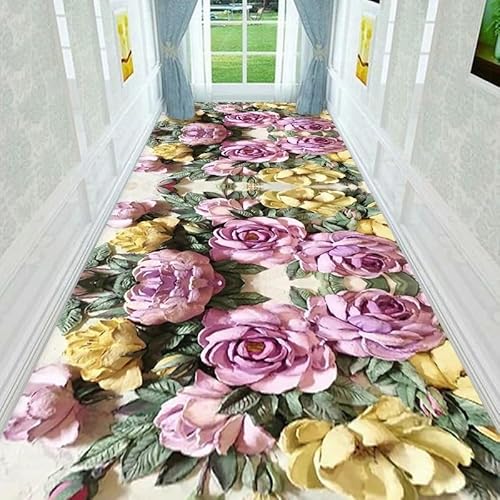 NEYTIIR Küchenteppich Läufer Teppich Lang Flur rutschfest Teppichmatten Küchenläufer,3D Blumenmuster Bunter Teppichläufer Waschbar Meterware Flurläufer Anpassbar(G,160cmX1M) von NEYTIIR