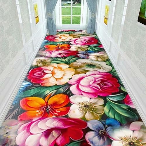NEYTIIR Küchenteppich Läufer Teppich Lang Flur rutschfest Teppichmatten Küchenläufer,3D Blumenmuster Bunter Teppichläufer Waschbar Meterware Flurläufer Anpassbar(I,120cmX1M) von NEYTIIR