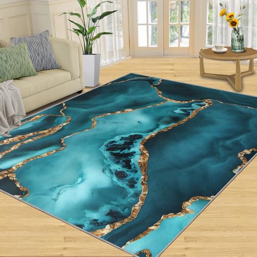 NEYTIIR Luxus-Schwarz-Gold-Rose Teppiche Gegend, Goldene Textur Waschmaschinenfest Wohnzimmerteppich - Für Terrasse Garten, Küche, Bad(Emerald Turquoise Marble,180 x 270 cm) von NEYTIIR