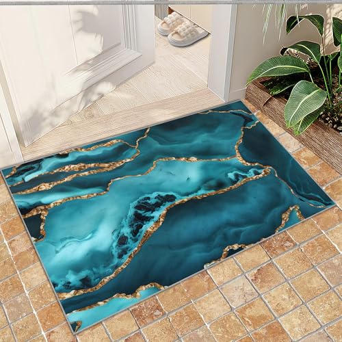 NEYTIIR Luxus-Schwarz-Gold-Rose Teppiche Gegend, Goldene Textur Waschmaschinenfest Wohnzimmerteppich - Für Terrasse Garten, Küche, Bad(Emerald Turquoise Marble,60 x 90 cm) von NEYTIIR