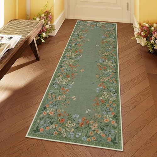 NEYTIIR Waschbarer Läufer Teppich Flur Blumenmuster Bettvorleger Blumen Küchen Wohnzimmer Schlafzimmer Teppiche rutschfest Kurzflor Weich Flurläufer Teppichläufer(B,60x80CM) von NEYTIIR