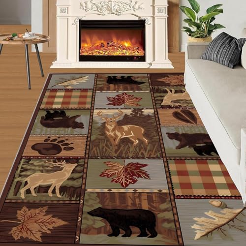 Rustikal Hirsch Jagd Camo Flächenteppich Wildtiere Wald Teppich Boden Anti-Rutsch Schlafzimmer Wohnzimmer Outdoor Wohnkultur(A,100x150cm) von NEYTIIR