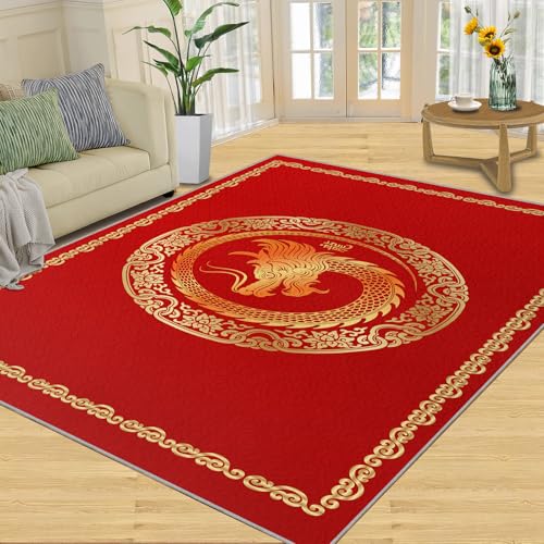 Teppich Im Europäischen Stil, Tintenpfingstrosen-Blumenmuster, Rutschfester Teppich Für Schlafzimmer Und Esszimmer, Leicht Zu Reinigen, Heimdekoration(Gold-Plated Dragon,100 x 150 cm) von NEYTIIR