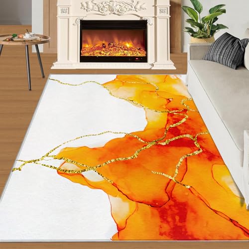 Teppich Kinder Teenager Jungen Spielmatte 3D Abstrakte Marmorstruktur Gedruckt Teppich Wohnzimmer Schlafzimmer Dekoration(Orange Marble Texture,140 x 200 cm) von NEYTIIR