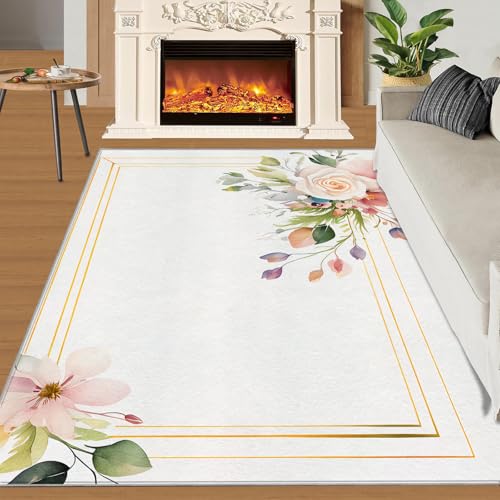 Teppich Kinder Teenager Jungen Spielmatte 3D Abstrakte Marmorstruktur Gedruckt Teppich Wohnzimmer Schlafzimmer Dekoration(Pink Rose Flower,160 x 200 cm) von NEYTIIR
