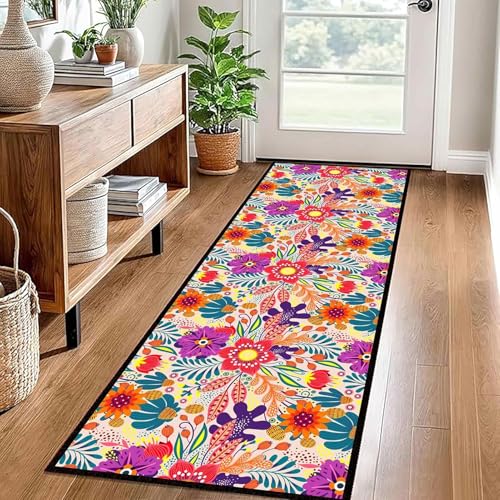 Teppich Läufer Flur Korridor Schlafzimmer Küche rutschfest Waschbar Vintage Kücheläufer Teppichläufer Polyester(B,120x360cm) von NEYTIIR