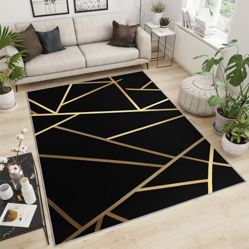 Teppich Wohnzimmer Geometrisches Schwarz 3D Goldene Linien Küche Esszimmer Schlafzimmer Teppich Kurzflor rutschfest Waschbar Teppiche(Black Marble,80 x 150 cm) von NEYTIIR