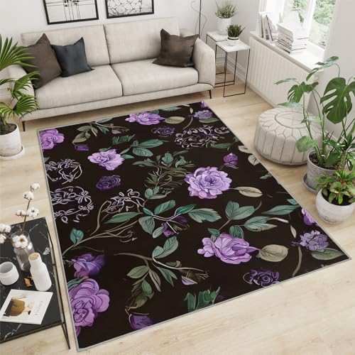 Teppich Wohnzimmer Geometrisches Schwarz 3D Goldene Linien Küche Esszimmer Schlafzimmer Teppich Kurzflor rutschfest Waschbar Teppiche(Rose Flowers,70 x 140 cm) von NEYTIIR