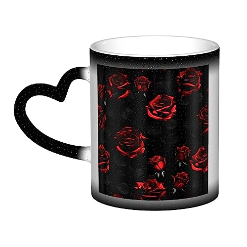 Tasse mit rotem und schwarzem Rosen-Druck, farbwechselnde Tasse im Himmel, wärmeempfindlich, einzigartige Kaffeetasse, Geburtstagsgeschenk von NEZIH
