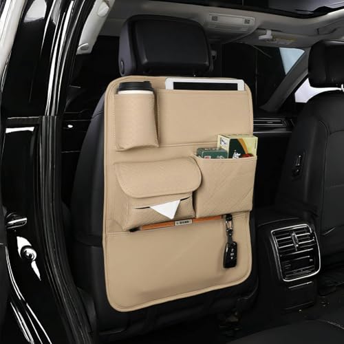 NFAHBAQA Autositz Organizer für X1 iX1 U11 2022 2023 2024, Wasserdicht Rückenlehnenschutz, Verhindern Kick RüCksitz Veranstalter, mit Pocket, Taschentuchbox,Beige von NFAHBAQA
