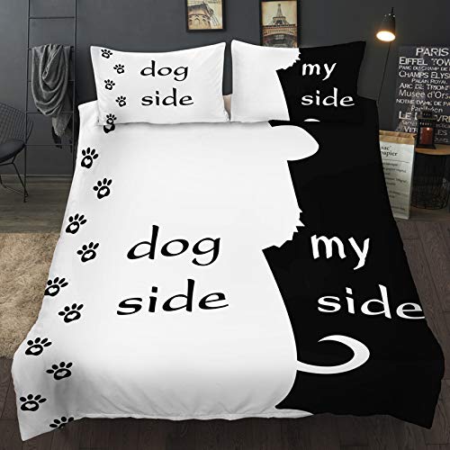 NFDF Dog Side My Side Bettwäsche,Paar Bettwäsche Set Schwarz Weiß,Bettwäscheset für Sie und Ihn,Polyester, Hundeseite, Doppelbett (Dog Side My Side,135 x 200 cm) von NFDF