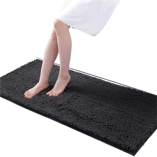 NFEKLFI badematte Badezimmerteppichmatte, rutschfest, schnelltrocknend, extra dick und super saugfähig, Mikrofaser-Chenille-Duschteppich(Black,61CMX91CM) von NFEKLFI