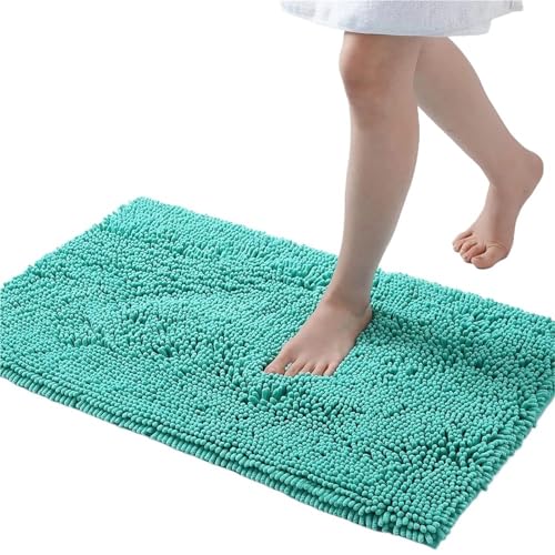 NFEKLFI badematte Badezimmerteppichmatte, rutschfest, schnelltrocknend, extra dick und super saugfähig, Mikrofaser-Chenille-Duschteppich(Turquoise,43CMx61CM) von NFEKLFI