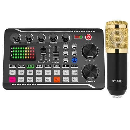 Audio Mixer, DJ Ausrüstung Mikrofon Soundkarte Konsole Studio Soundkarte Kit Kabel Telefon Mischen Computer Live Voice Mixer F998 Soundkarte(With Microphone) von NGBFF