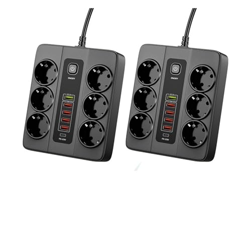 Ladestation Mehrere Geräte, 3000 W 6 AC-Ausgänge Steckdosenleiste 6 USB-Ladestation Verlängerungskabel 2 m PD 20 W QC3.0 USB-Anschluss Multi-Outlet-Ladegerät Steckdose(Black PD20W 2PCS) von NGBFF