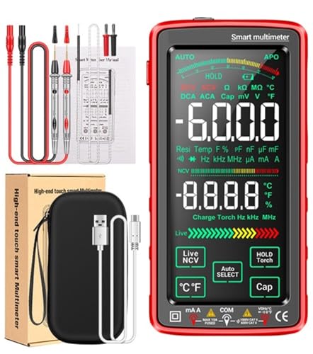 Multimeter Digital, Smart-Multimeter High-End-Touch 6000 Counts Multimetro Test Wiederaufladbarer Multitester AC/DC-Spannungstester Stromwerkzeug(683 Red) von NGBFF