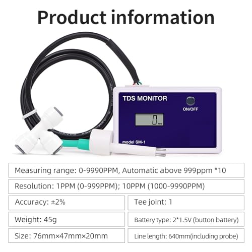 NGBFF SM1 Einzel-/TRM1 Dreifach-TDS-Messgerät, 0–9990 ppm, Online-TDS-Wasserqualitätstester, LCD-Display, Wasserqualitäts-Reinheitstester, PH-Messgerät(Single TDS Meter) von NGBFF