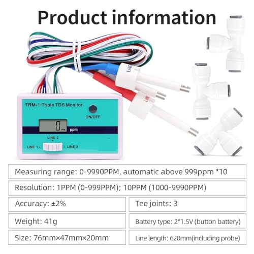 NGBFF SM1 Einzel-/TRM1 Dreifach-TDS-Messgerät, 0–9990 ppm, Online-TDS-Wasserqualitätstester, LCD-Display, Wasserqualitäts-Reinheitstester, PH-Messgerät(Triple TDS Meter) von NGBFF