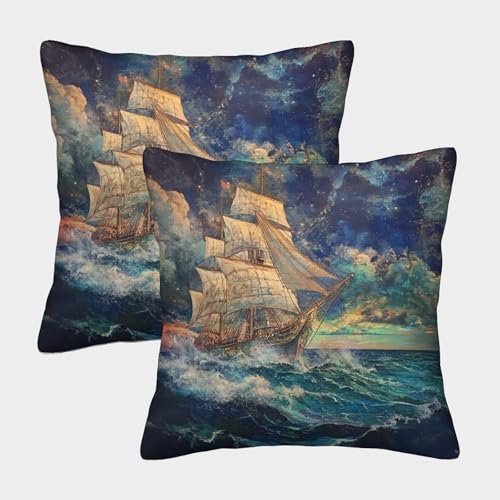NGGADIWEG Segelboot Outdoor Kissen Vintage Dekokissen Sofakissen 2er Set Landhausstil Garten Outdoor Kissen 40x40cm von NGGADIWEG