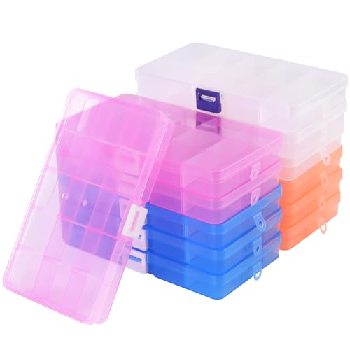 NGOSUET 12 Stück 15 Fächer Sortierbox Bunt, Plastik Perlen Aufbewahrungsbox mit Einstellbaren Fächern, Sortimentskasten Sortierboxen für Kleinteile Schmuck Accessoires, 4 Farben von NGOSUET
