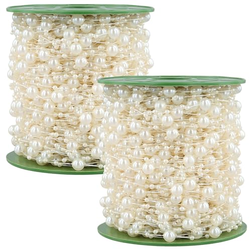 NGOSUET 2 Stück 60m Perlengirlande Beige, Perlenband Beaded String Perlenkette Deko für DIY Handwerk Perlenschnur Hochzeit, Brautstrauß, Tischdeko Partydekoration von NGOSUET