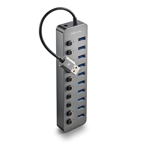 NGS IHUB 10 - USB 3.0 Hub mit 10 Anschlüssen, Unabhängige Schalter, 5 Gbps Übertragungsgeschwindigkeit, 12V/4A Netzteil, Kompatibel mit PC/Mac, Kompaktes Design, Plug and Play von NGS