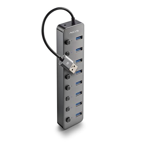 NGS IHUB 8 - USB 3.0 Hub mit 8 Anschlüssen, Unabhängige Schalter, 5 Gbps Übertragungsgeschwindigkeit, 5V/3A Netzteil, Kompatibel mit PC/Mac, Kompaktes Design, Plug and Play von NGS
