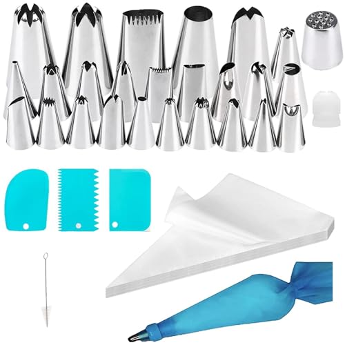 Cake Decorating Icing Nozzles Set, Edelstahl Piping Nozzles Tips + Silicone Piping Bag + Coupler + Plastic Scrapers für die Herstellung von Torten Cupcakes Cookies(Mehrfarbig) von NHBETYS