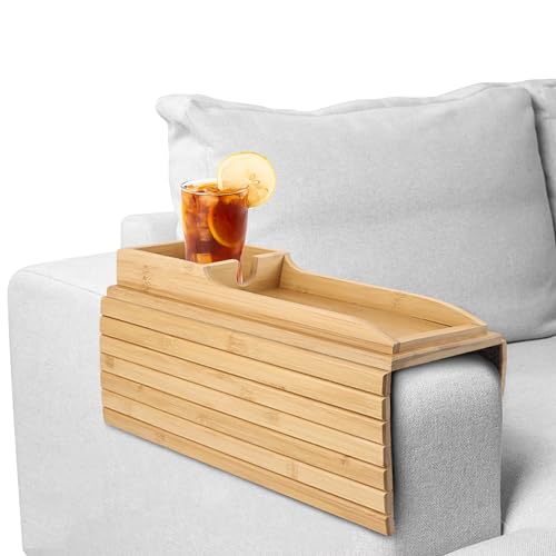 NHBETYS sofatablett armlehne, Sofa tablett armlehne aus Bambus mit abnehmbarem Couch-Getränkehalter, rutschfestes, faltbares armlehnen tablett, Couch tablett für Getränkebecher-Fernbedienung von NHBETYS