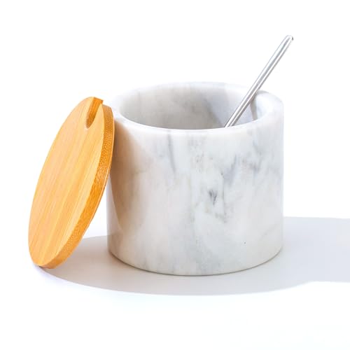 NHKRTE Marmor-Zuckerdose mit Deckel und Löffel, Zuckerbehälter, 325 ml, Zuckerspender, handgefertigt aus natürlichem Marmor, glatte Innenseite (hellweißgrau) von NHKRTE