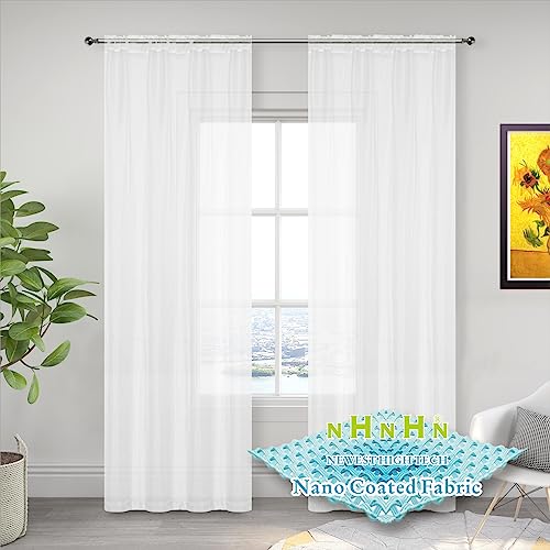NHNHN Dünne Gaze Vorhänge aus Nanomaterialien, halbtransparent. H215 x B132 cm x 2 Stück.Weiß. Staubdicht,UV-Filterung. Diffuses Licht Macht Räume elegant. Wohnzimmer,Schlafzimmer,Kinderzimmer,Büros. von NHNHN