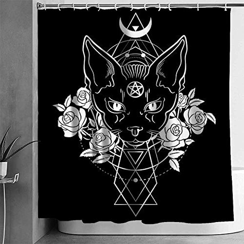 Duschvorhang, Motiv: Tier, Katze, Pentagramm, strapazierfähig, für Badezimmer, 150 x 180 cm, Schwarz von NHSY