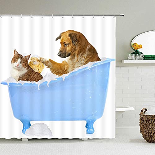 Lustiger Duschvorhang, Badezimmer-Vorhang mit Haken, Dekoration, wasserdicht, Tiermotiv, 3D-Bad, kreativer Duschvorhang – Hund und Katze 1 _ 180 x 180 cm von NHSY